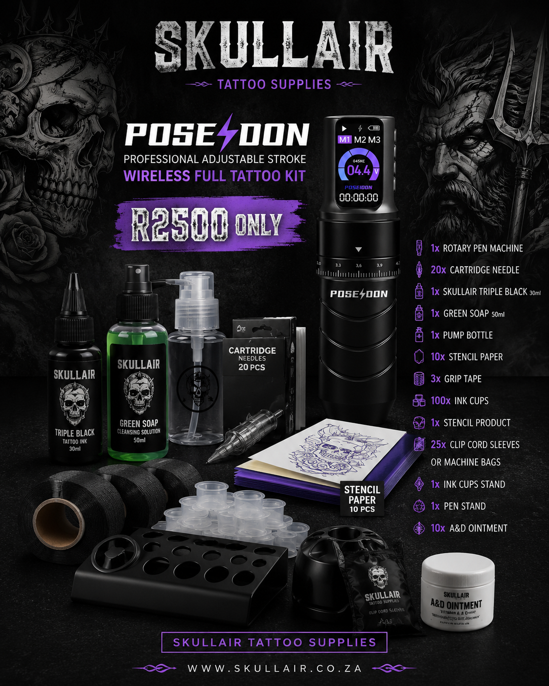 POSEIDON Professional Adjustable stroke Wireless Full Tattoo Kit