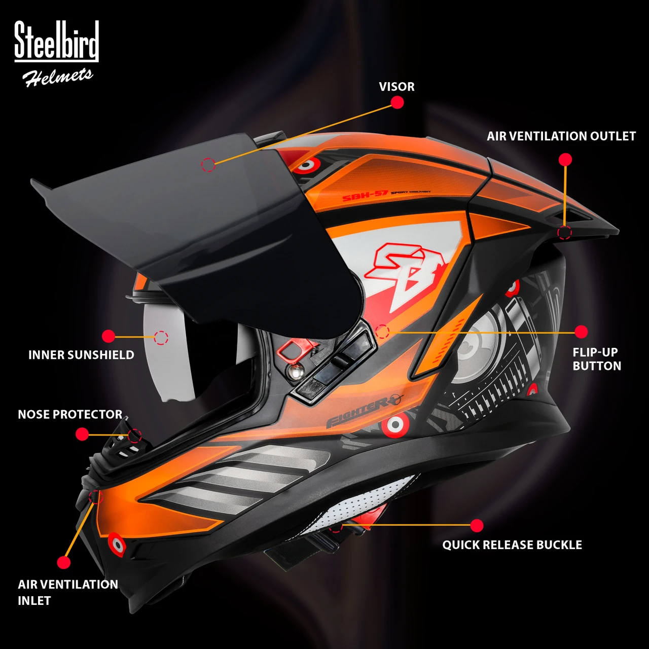 STEELBIRD SBH-57 ISS FIGHTER F8 GLOSSY BLACK/ORANGE C/V 600MM WITH EXTRA SMOKE VISOR