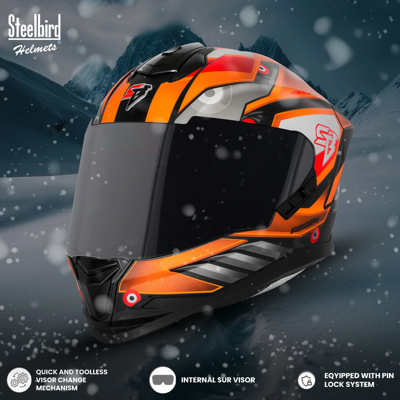 STEELBIRD SBH-57 ISS FIGHTER F8 GLOSSY BLACK/ORANGE C/V 600MM WITH EXTRA SMOKE VISOR