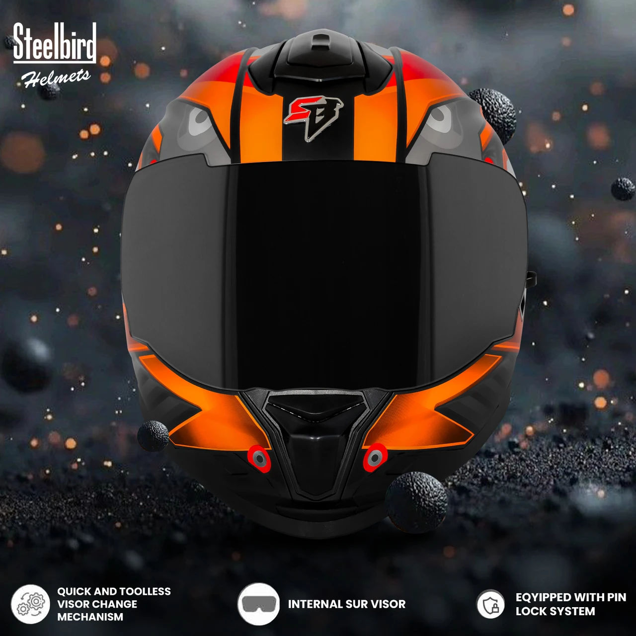 STEELBIRD SBH-57 ISS FIGHTER F8 GLOSSY BLACK/ORANGE C/V 600MM WITH EXTRA SMOKE VISOR
