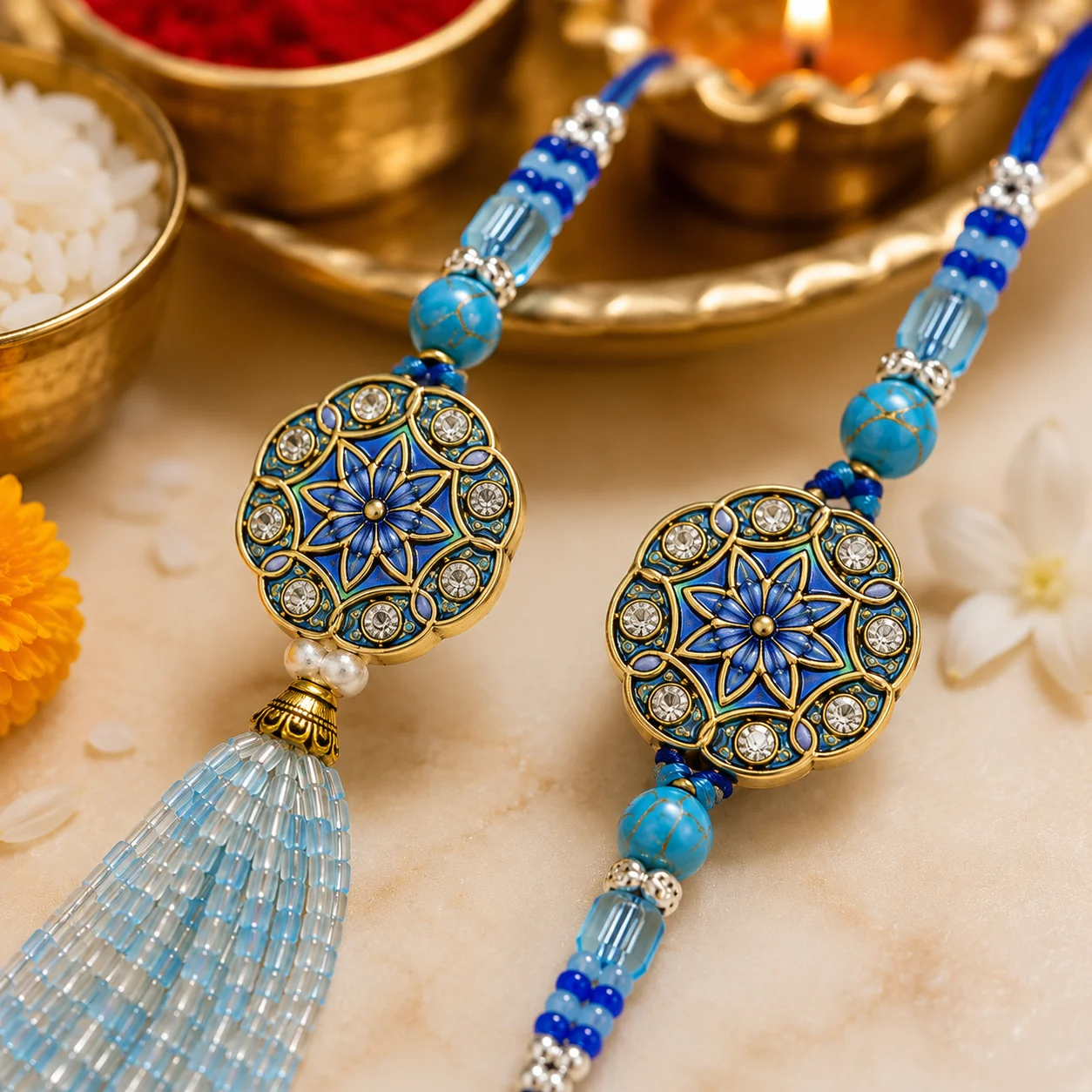 Designer Bhaiya Bhabhi Rakhi Set with Lumba Tassel | Premium Raksha Bandhan Rakhi