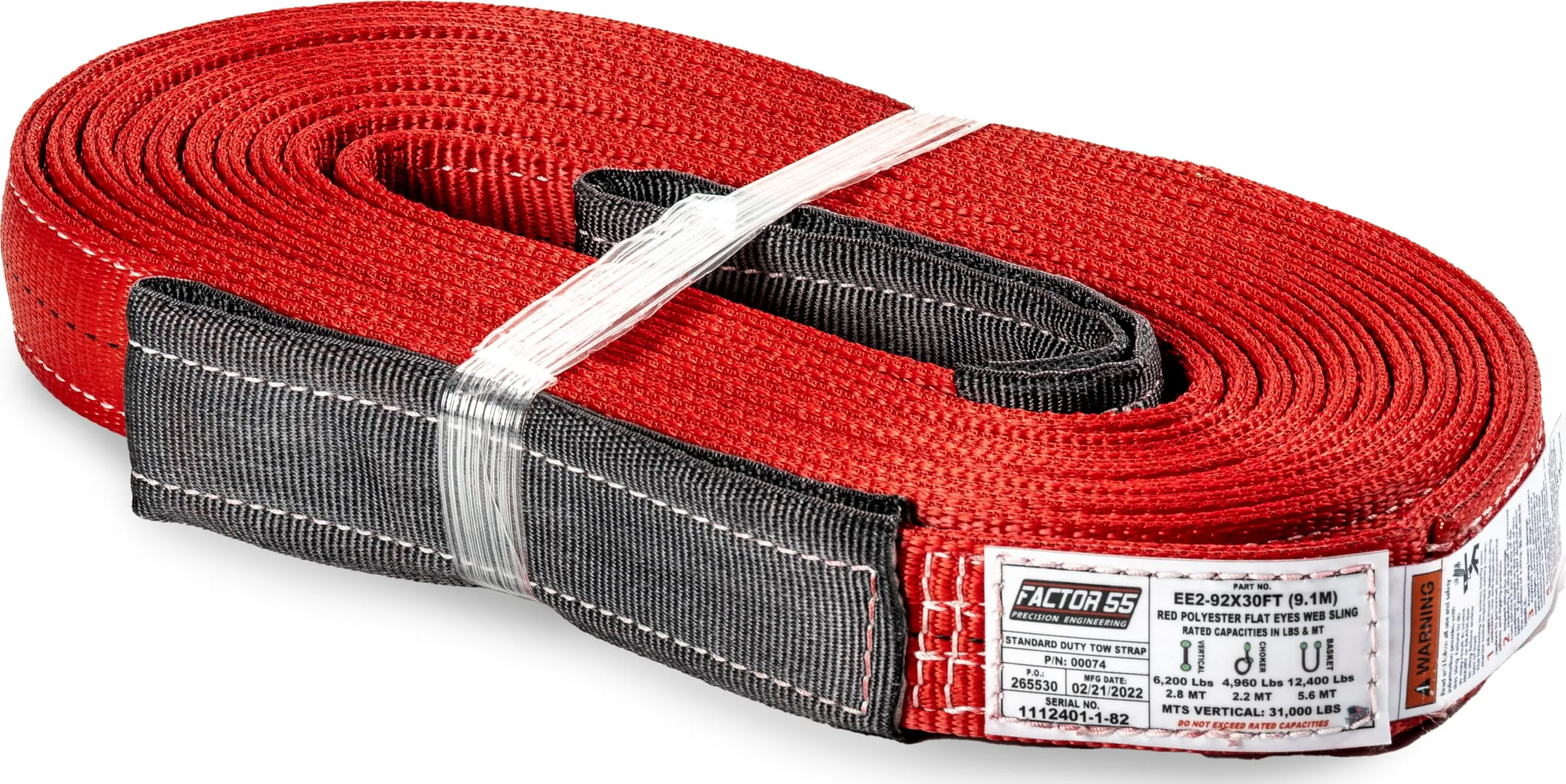 Factor 55 Standard Duty Double-Ply Tow Strap, 2" Width x 30' Length, 31,000 lbs. Maximum Breaking Strength