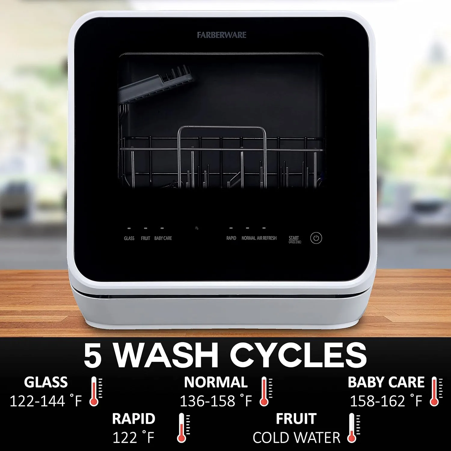 Farberware FDW05ASBWHA Complete Portable Countertop Dishwasher with 5-Liter Built-in Water Tank, 5 Programs, Baby Care