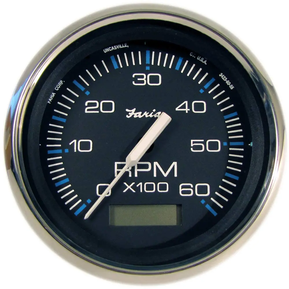 Faria Beede 33732 Chesapeake Stainless Steel Tachometer with Hourmeter (6000 RPM) - 4', Black
