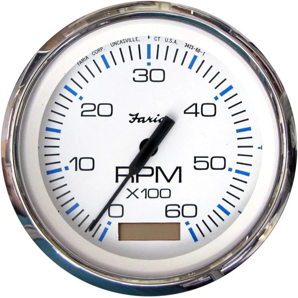 Faria Beede 33832 Chesapeake Stainless Steel Tachometer with Hourmeter (6000 RPM) Gas - 4" , White