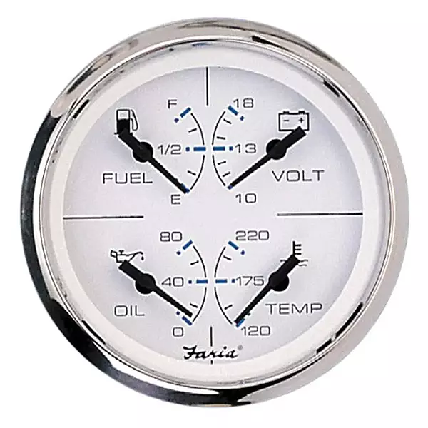 Faria Beede 33851 Chesapeake Stainless Steel Multifunction Fuel Level/Oil PSI (80 PSI)/Water Temp (100-250°F)/Voltmeter