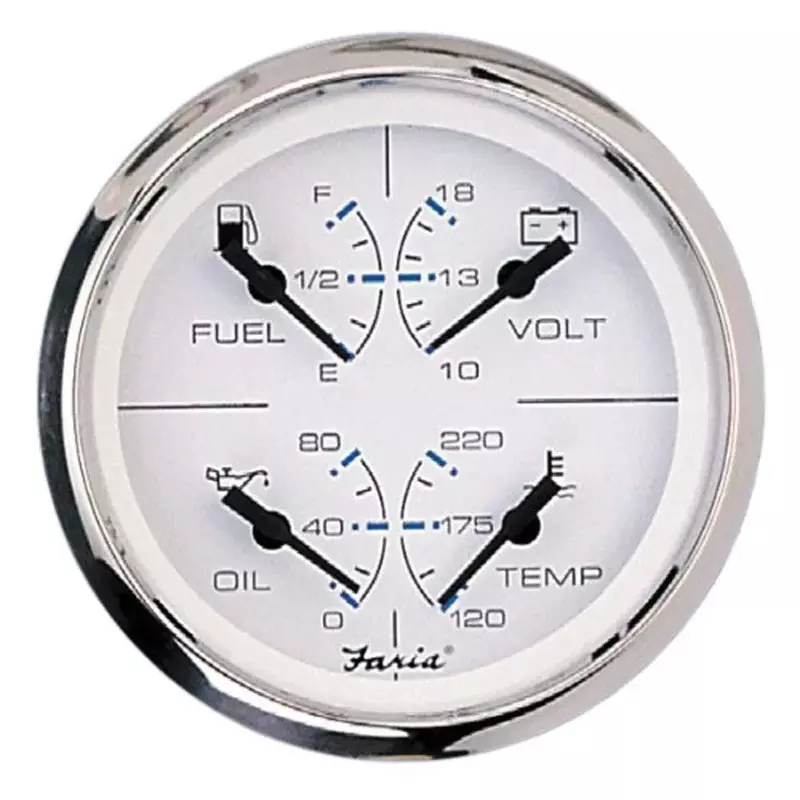 Faria Beede 33851 Chesapeake Stainless Steel Multifunction Fuel Level/Oil PSI (80 PSI)/Water Temp (100-250°F)/Voltmeter