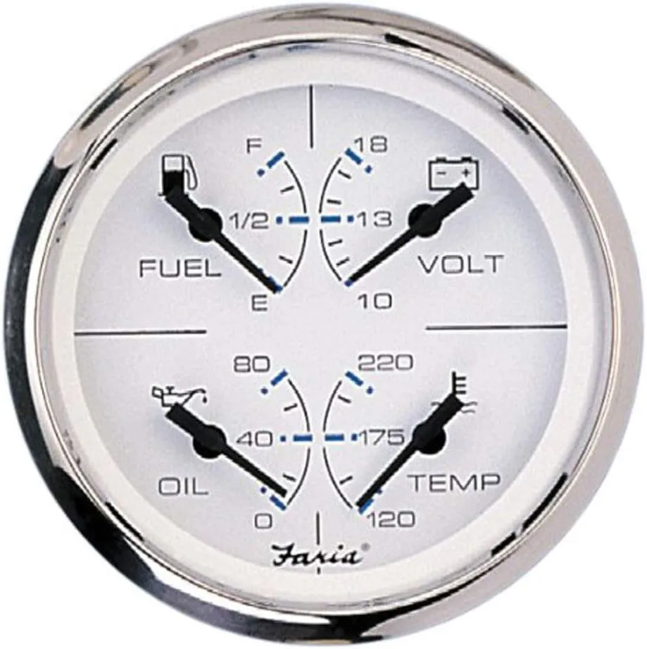 Faria Beede 33851 Chesapeake Stainless Steel Multifunction Fuel Level/Oil PSI (80 PSI)/Water Temp (100-250°F)/Voltmeter