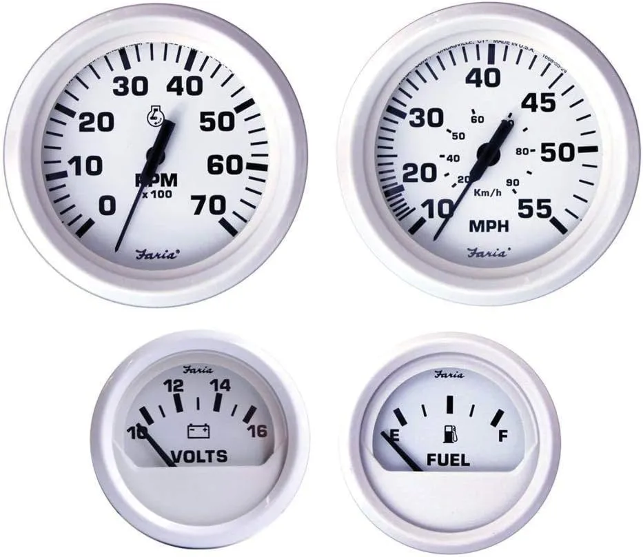 Faria Beede KT9794 Dress White Outboard 4-Gauge Boxed Set - Speedometer/Tachometer/Fuel Level/Voltmeter