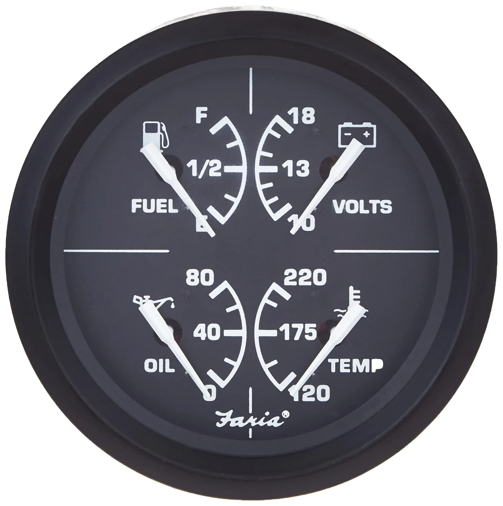 Faria - 3003.3415 32851 Euro Multifunction Fuel Level/Oil PSI (80 PSI)/Water Temp (100-250°F)/Voltmeter (10-16 VDC) - 4"