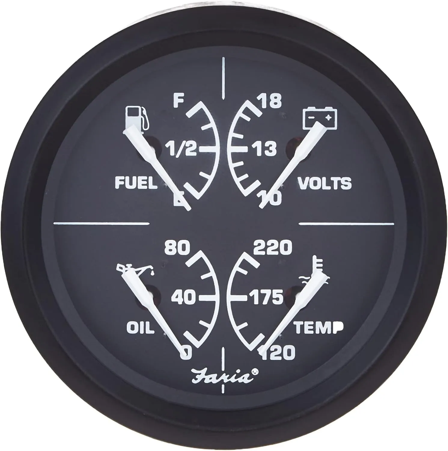 Faria - 3003.3415 32851 Euro Multifunction Fuel Level/Oil PSI (80 PSI)/Water Temp (100-250°F)/Voltmeter (10-16 VDC) - 4"