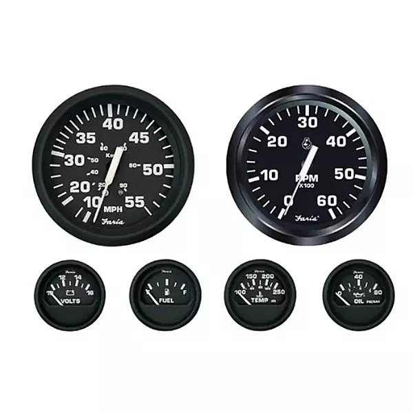 Faria Beede KT9799 Euro Inboard 6-Gauge Boxed Set - Speedometer/Tachometer/Fuel Level/Voltmeter/Water Temp/Oil PSI