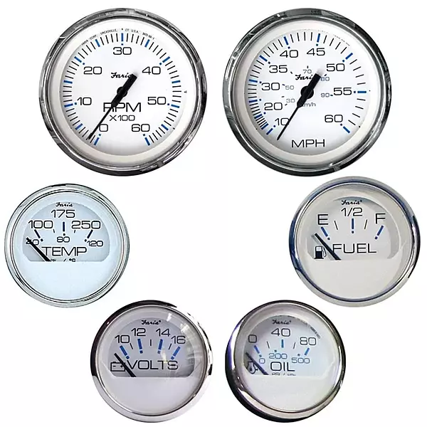 Faria KTF001 Chesapeake Stainless Steel Inboard 6-Gauge Boxed Set - Speedometer/Tachometer/Fuel Level/Voltmeter/Water