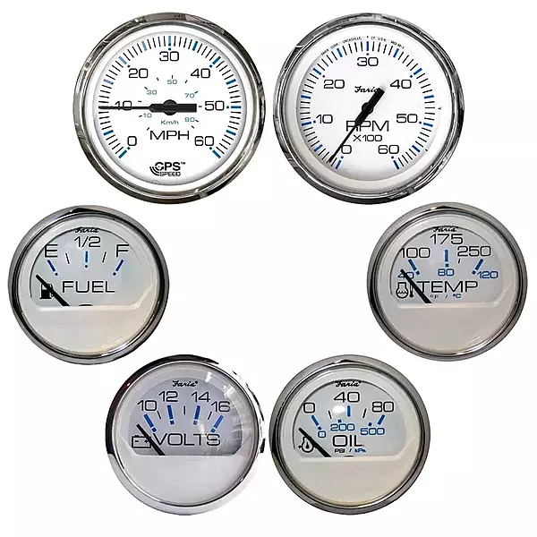 Faria Chesapeake White withStainless Steel Bezel Boxed Set of 6 - Speed, Tach, Fuel Level, Voltmeter