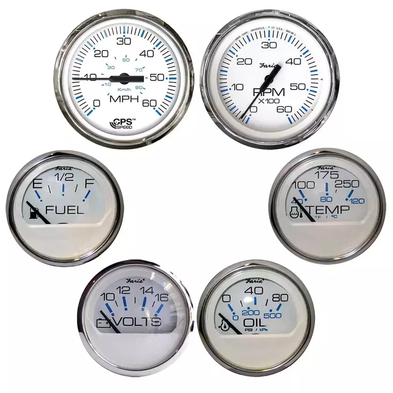 Faria Chesapeake White withStainless Steel Bezel Boxed Set of 6 - Speed, Tach, Fuel Level, Voltmeter