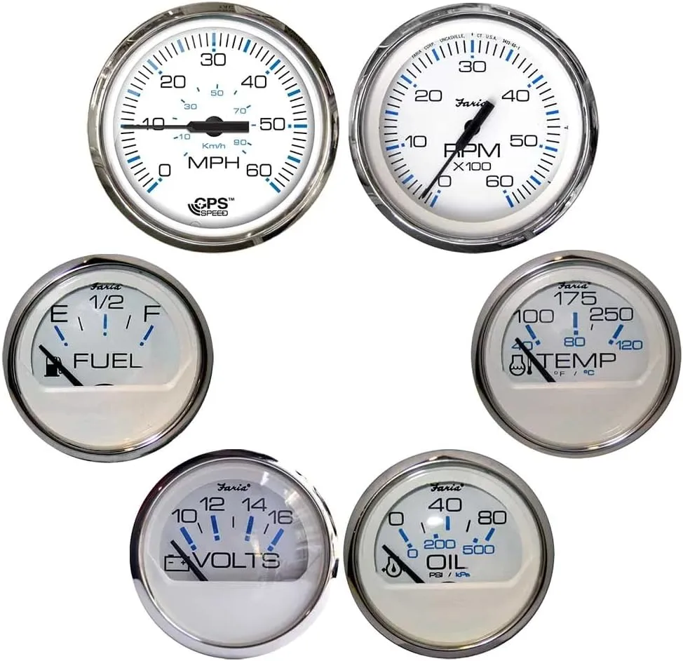 Faria Chesapeake White withStainless Steel Bezel Boxed Set of 6 - Speed, Tach, Fuel Level, Voltmeter