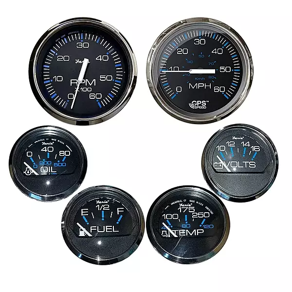 Faria Chesapeake Black withStainless Steel Bezel Boxed Set of 6 - Speed, Tach, Fuel Level, Voltmeter