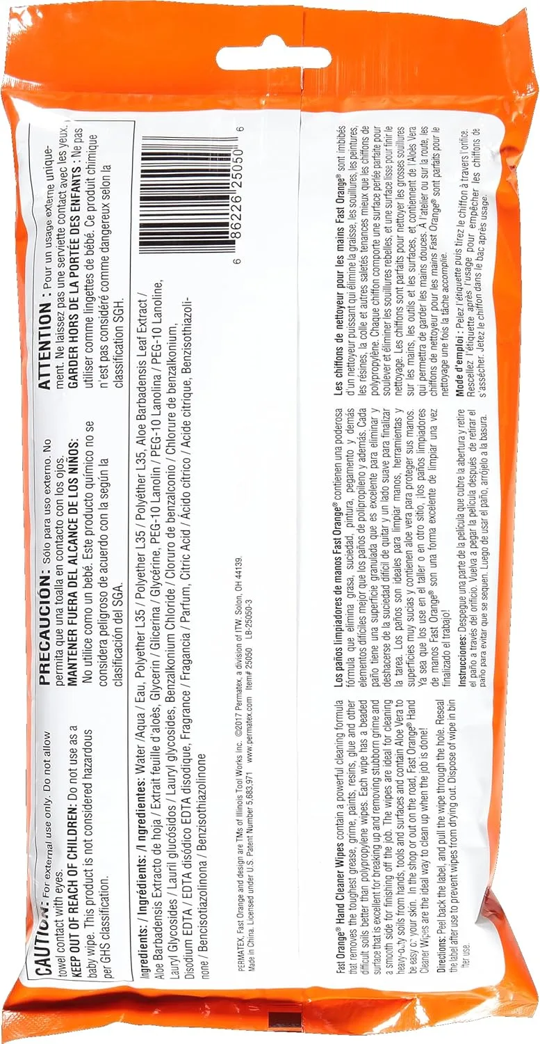 Fast Orange 25050 Hand Cleaner Wipes - Heavy Duty Mechanic Wipes, 25 Count