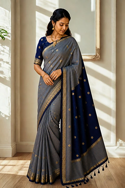 Maheswari Silk Cotton Grey With Blue