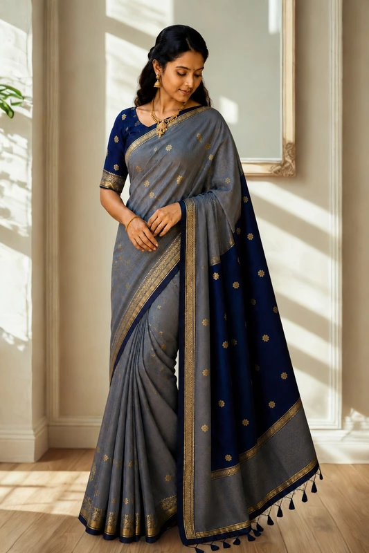 Maheswari Silk Cotton Grey With Blue