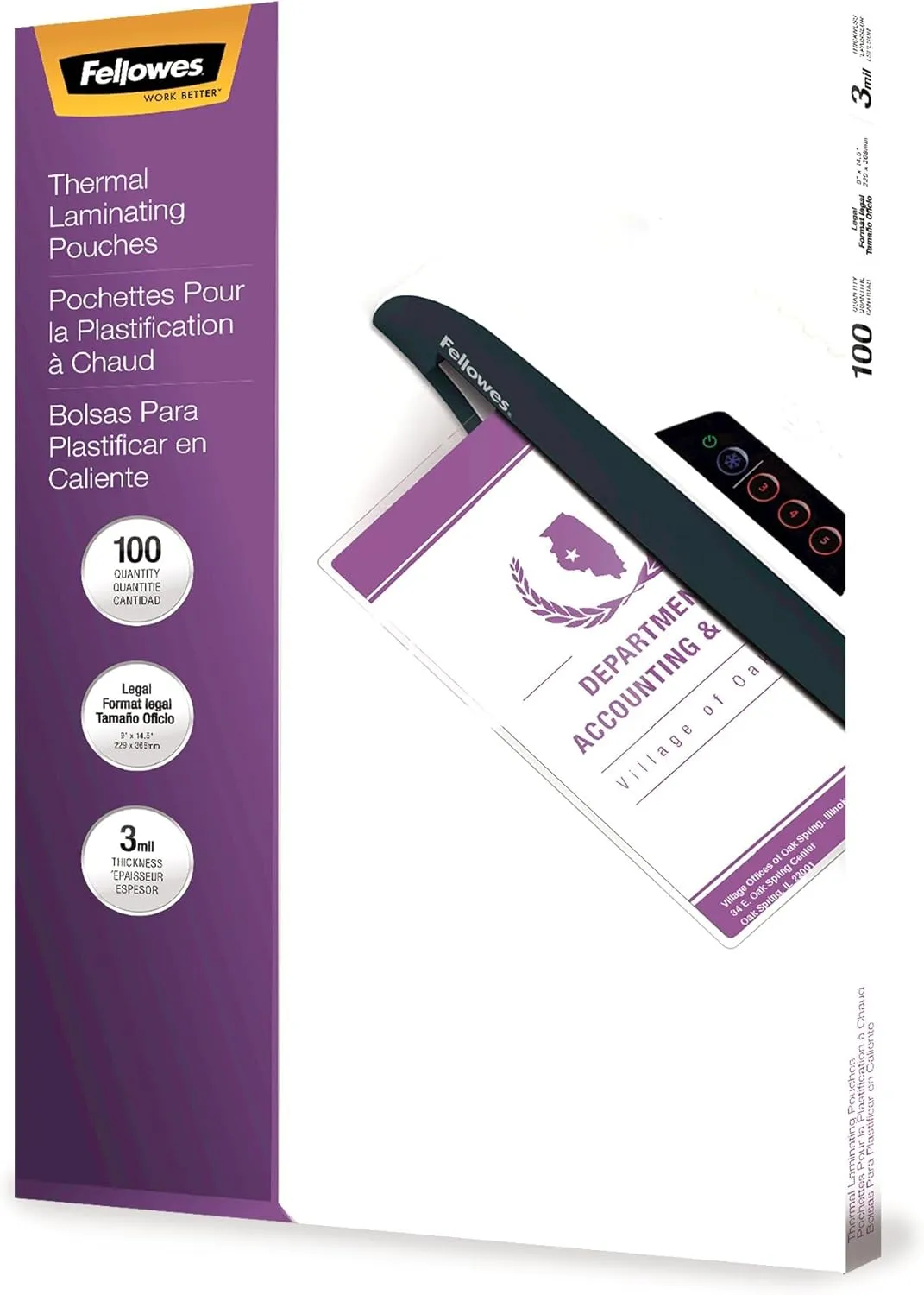 FELLOWES Thermal Laminating Pouches, Glossy, 3 mil, Legal