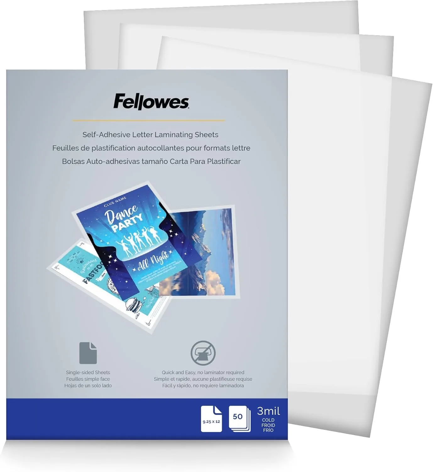 FELLOWES Self-Adhesive Laminating Sheets, 9 x 12, 3 mil, Gloss