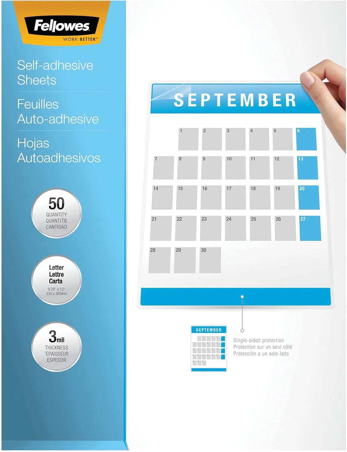 FELLOWES Self-Adhesive Laminating Sheets, 9 x 12, 3 mil, Gloss