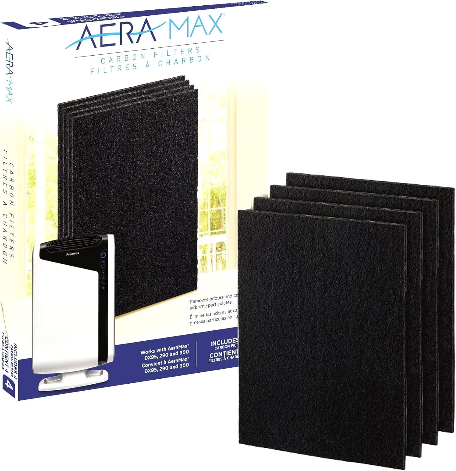 Fellowes Carbon Filters for AeraMax Air Purifiers - 4 Pack (9324201),Black, 16.1" x 12.4" x 0.2"