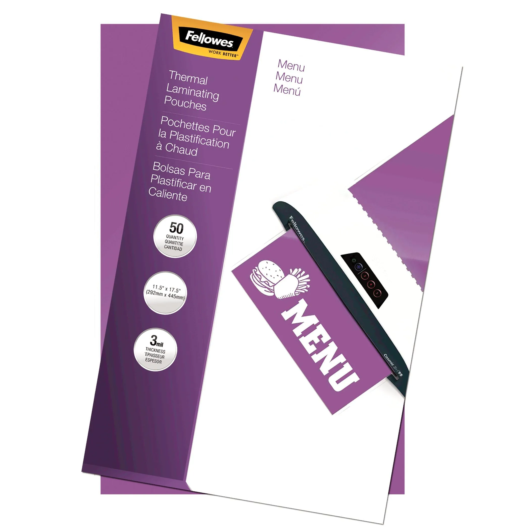 Fellowes Hot Laminating Pouches, 3 Mil, Menu Size, 50 Per Pack (52013) 3mil-50pk