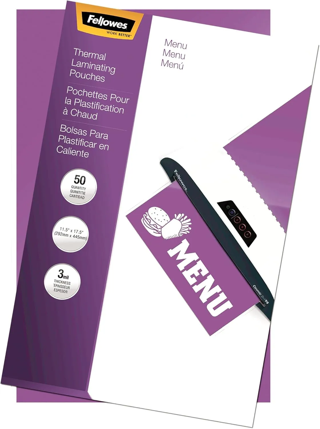 Fellowes Hot Laminating Pouches, 3 Mil, Menu Size, 50 Per Pack (52013) 3mil-50pk