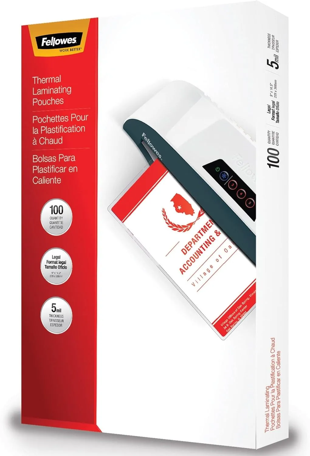 Fellowes® Laminating Pouches, 5 Mil, Legal, 9" x 14-1/2", Pack Of 100 Pouches