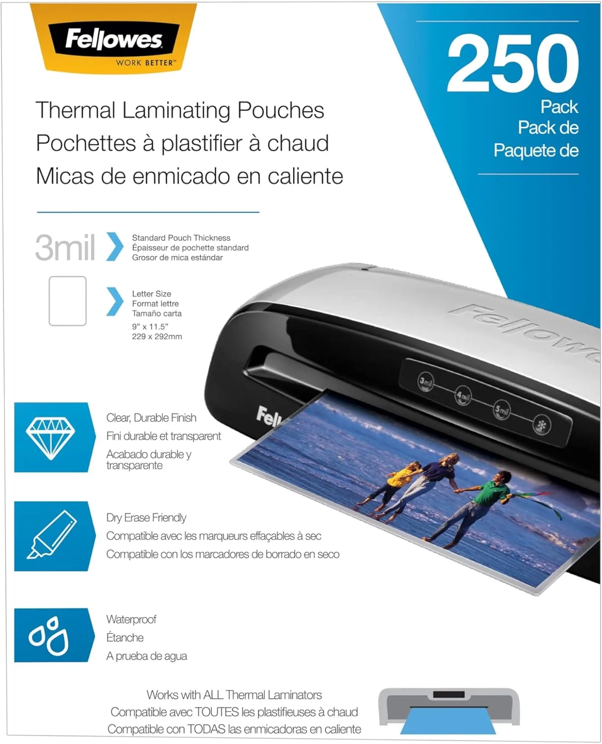Fellowes® Thermal Laminating Pouches, Letter Size, 3 Mil, 9" x 11-1/2", Ultra-Clear, Pack of 250 Pouches