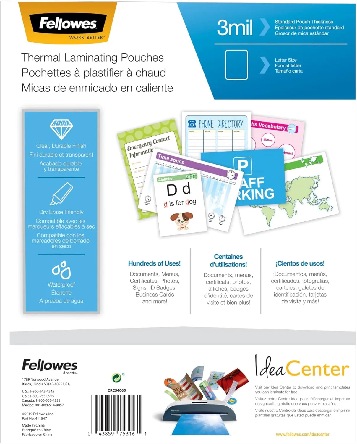 Fellowes® Thermal Laminating Pouches, Letter Size, 3 Mil, 9" x 11-1/2", Ultra-Clear, Pack of 250 Pouches