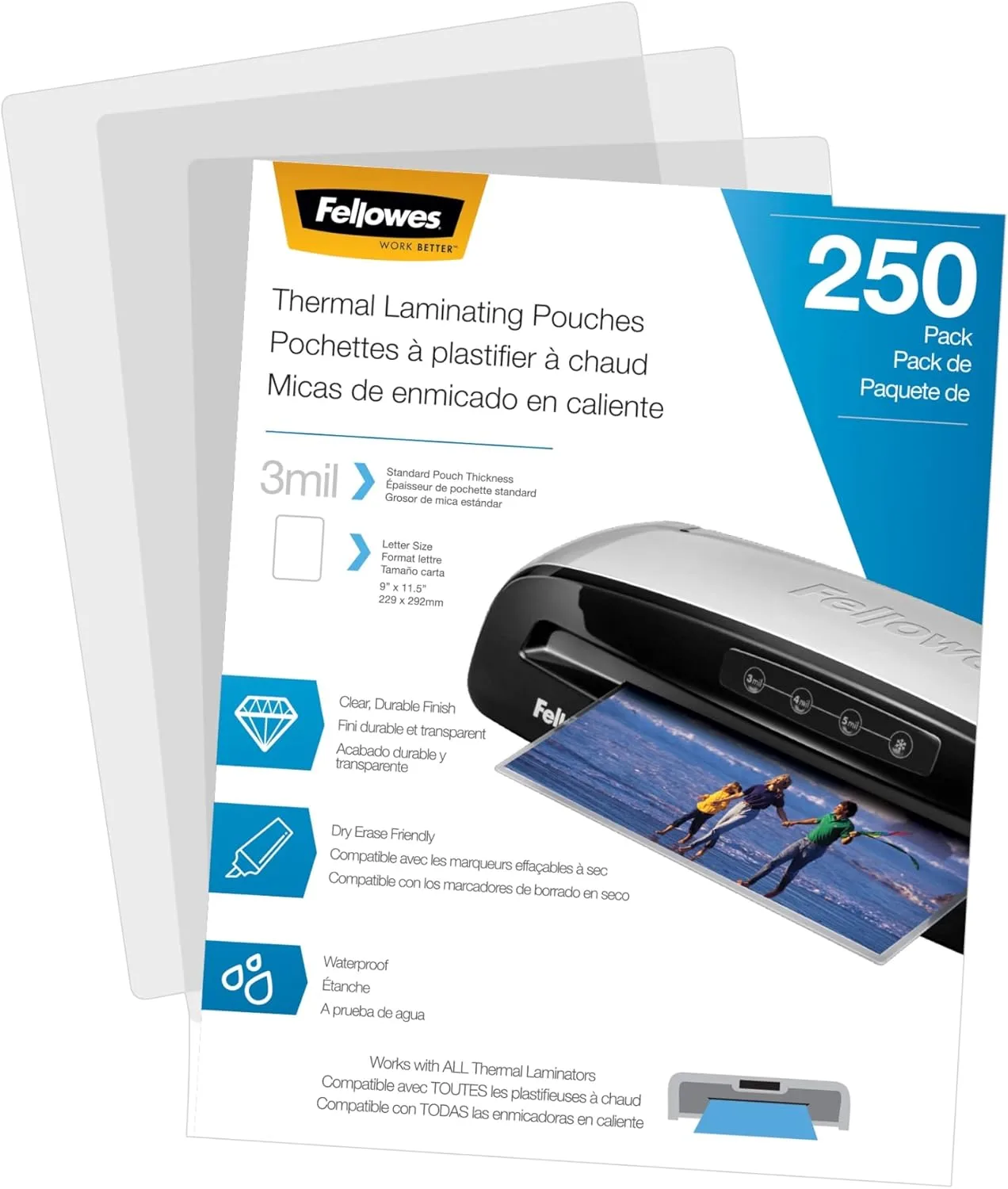 Fellowes® Thermal Laminating Pouches, Letter Size, 3 Mil, 9" x 11-1/2", Ultra-Clear, Pack of 250 Pouches