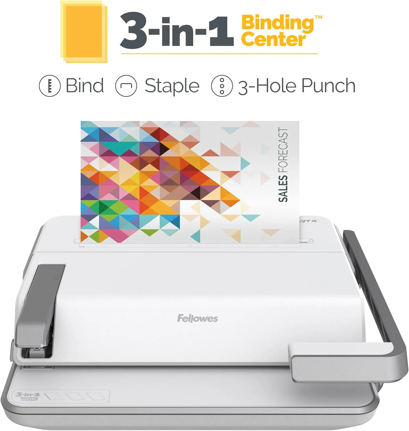 Fellowes Lyra 3-in-1 Manual Binding Center, 300-Sheet Capacity, 6.03inH x 16.63inW x 15.56inD, White/Gray, 5603001