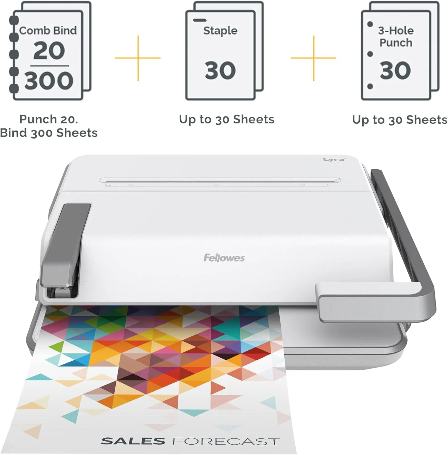 Fellowes Lyra 3-in-1 Manual Binding Center, 300-Sheet Capacity, 6.03inH x 16.63inW x 15.56inD, White/Gray, 5603001