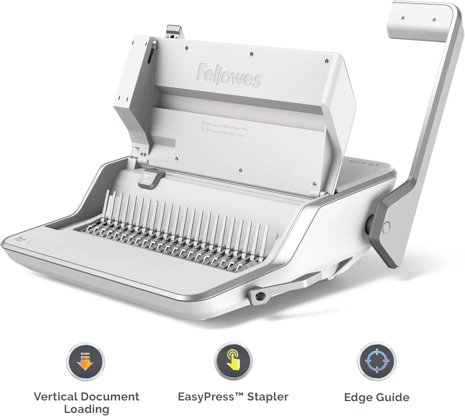 Fellowes Lyra 3-in-1 Manual Binding Center, 300-Sheet Capacity, 6.03inH x 16.63inW x 15.56inD, White/Gray, 5603001