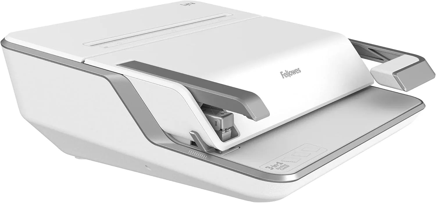 Fellowes Lyra 3-in-1 Manual Binding Center, 300-Sheet Capacity, 6.03inH x 16.63inW x 15.56inD, White/Gray, 5603001