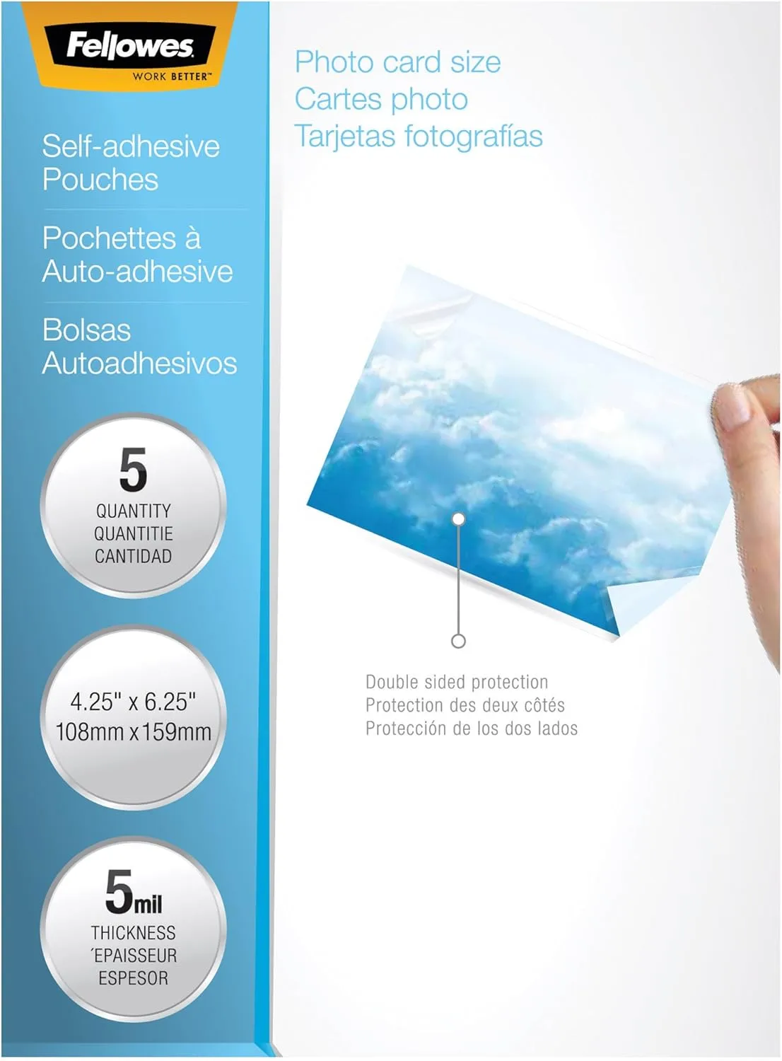 Fellowes Self-Adhesive Pouches - Photo, 5mil, 5 pack - Laminating Pouch/Sheet Size: 6.25inx 5 mil Thickness - Type G