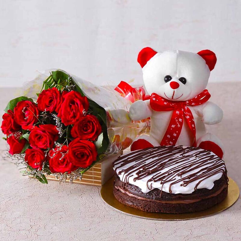 10 Red Roses, 1/2 chocolate Cake with small teddy 10 Red Roses, 1/2 chocolate Cake with small teddy