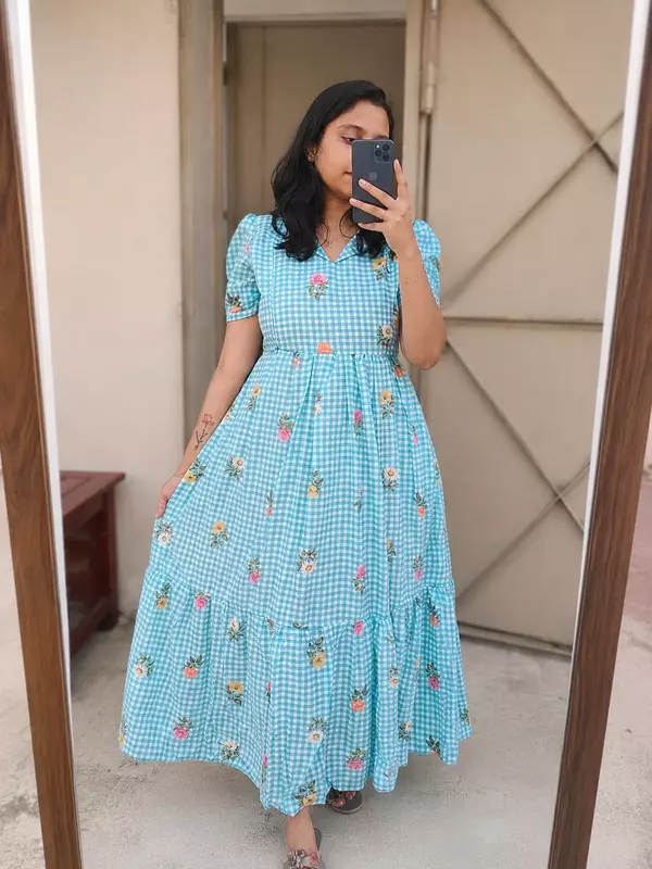 Mul Cotton: Checked Frocks Blue (Feeding)