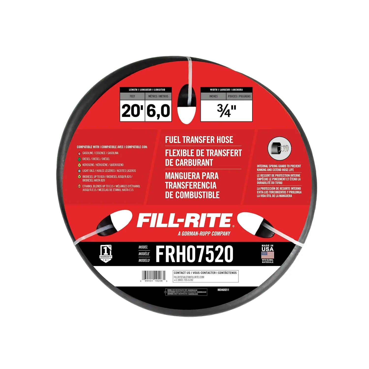Fill-Rite FRH07512 3/4" x 20' Fuel Transfer Hose with Internal Spring Guards & Static Wire - Compatible with Gasoline