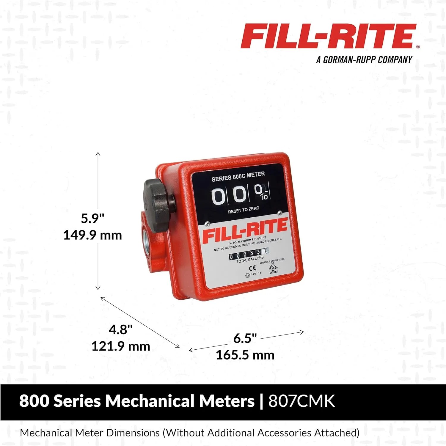 Fill-Rite 807CMK 3 Wheel Mechanical 3/4" 5 to 20 GPM Fuel Transfer Meter w/Mounting Kit