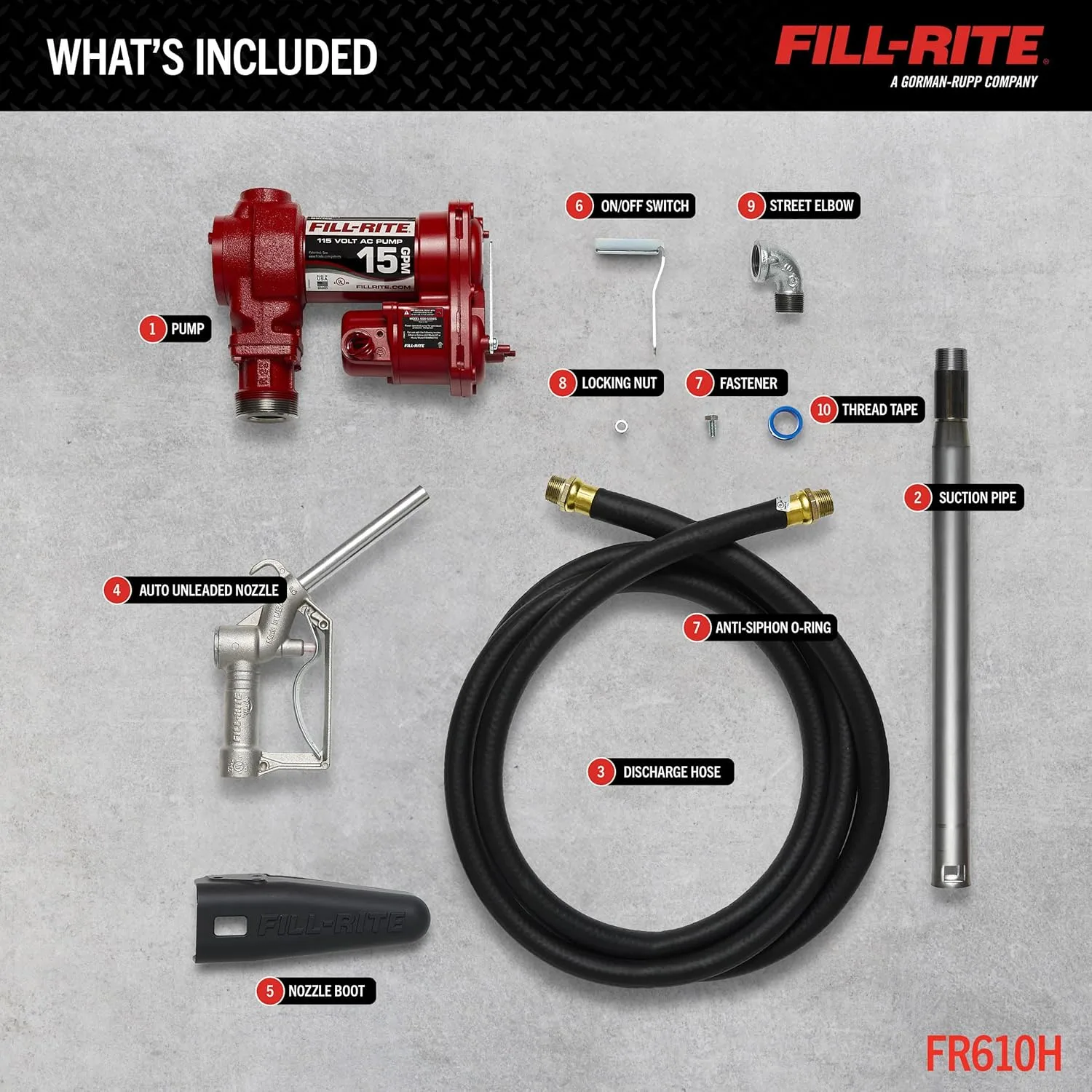 Fill-Rite FR610H 115V 15 GPM Fuel Transfer Pump w/Discharge Hose & Manual Nozzle