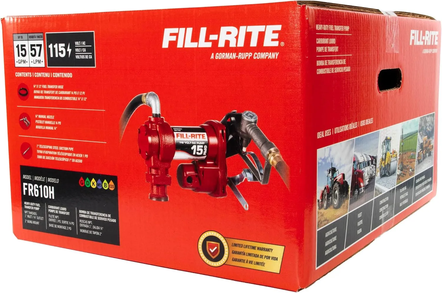 Fill-Rite FR610H 115V 15 GPM Fuel Transfer Pump w/Discharge Hose & Manual Nozzle