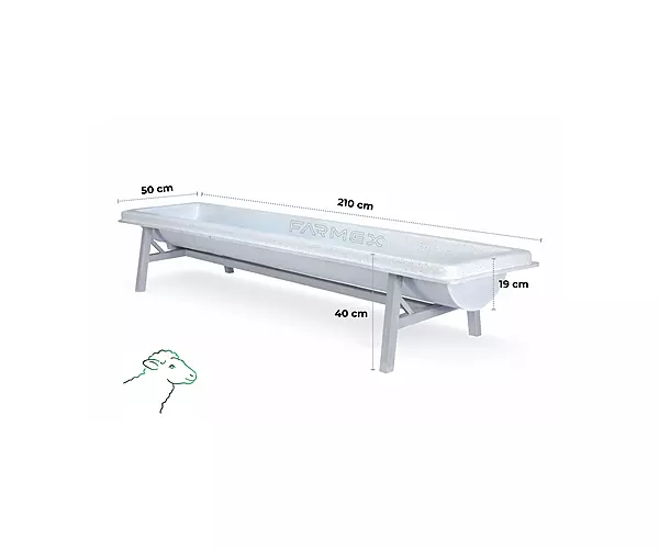 Farmex feeder trough 100L made from food-grade HDPE for sheep and goats showing dimentions