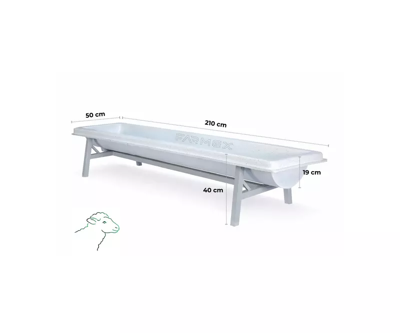 Farmex feeder trough 100L made from food-grade HDPE for sheep and goats showing dimentions
