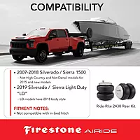 Firestone Airide 2430 Ride-Rite Rear Air Springs Kit fits 2007-2018 Silverado Sierra 1500 and 2019 Silverado Sierra 1500 Light Duty Models Only | 5-100 PSI | Load Capacity of 5,000 Pounds