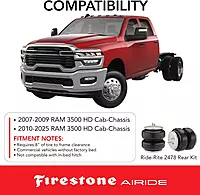Firestone Airide 2478 Ride-Rite Rear Air Springs Kit fits 2010-2025 Ram 3500HD Cab-Chassis | 5-100 PSI | No Drill Installation | Reduces Tire Wear | Enhances Brake Effectiveness