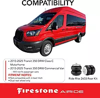Firestone Airide 2603 Ride-Rite Rear Air Springs Kit fits 2013-2025 Transit 350 DRW Class C Motorhome/Commercial Van Dual Rear Wheel Only | 5-100 PSI | No Drill Installation